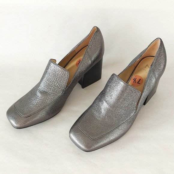 Marc Fisher Ltd Metallic Pumps Leather Square toe Block Heels Marlo Gray Shoes - Picture 1 of 11